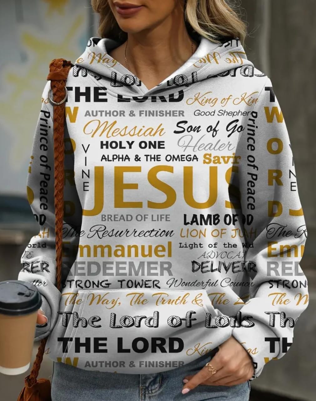 JESUS LETTER PRINT HOODIE, CANGAROO POCKET